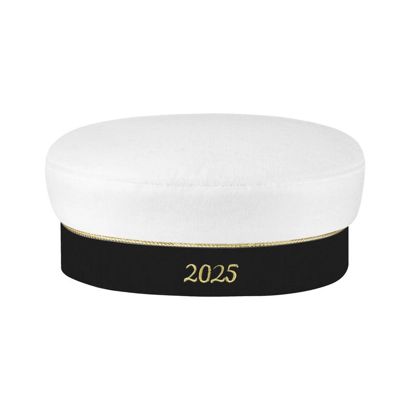 Studentmössa i svart och guld med guldbroderi av 2025, sedd framifrån för en klassisk och tidlös look.