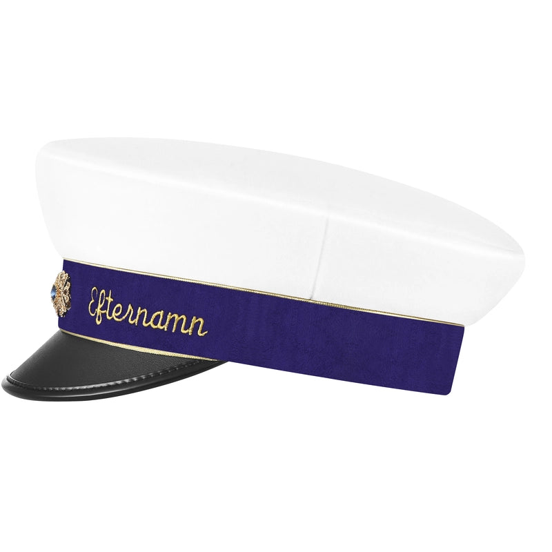 Studentmössa i lila med guldkant, visad från sidan för att framhäva detaljerna i designen och broderiet.
