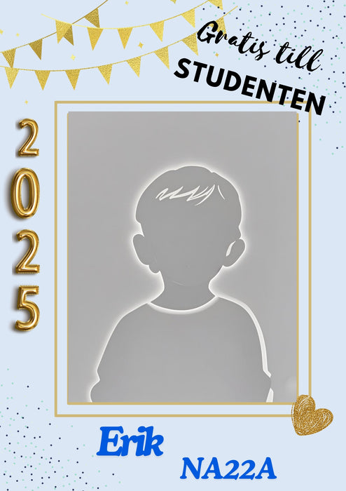 Studentskylt med namn, klass och årtal
